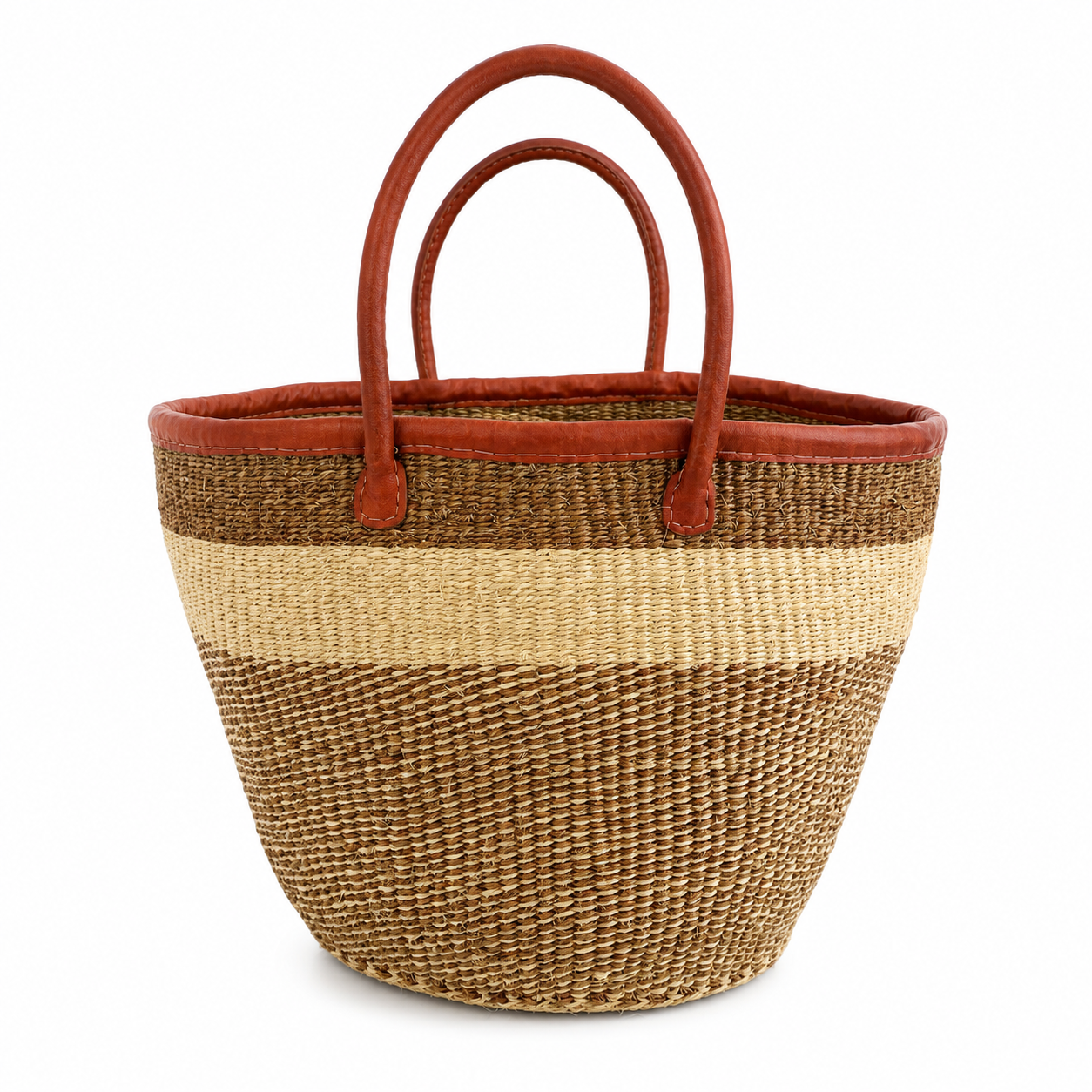 Kitui Basket - Large Open w/ Leather Trim & Handles (Ecru & Sienna Base Woven and Top Striped)