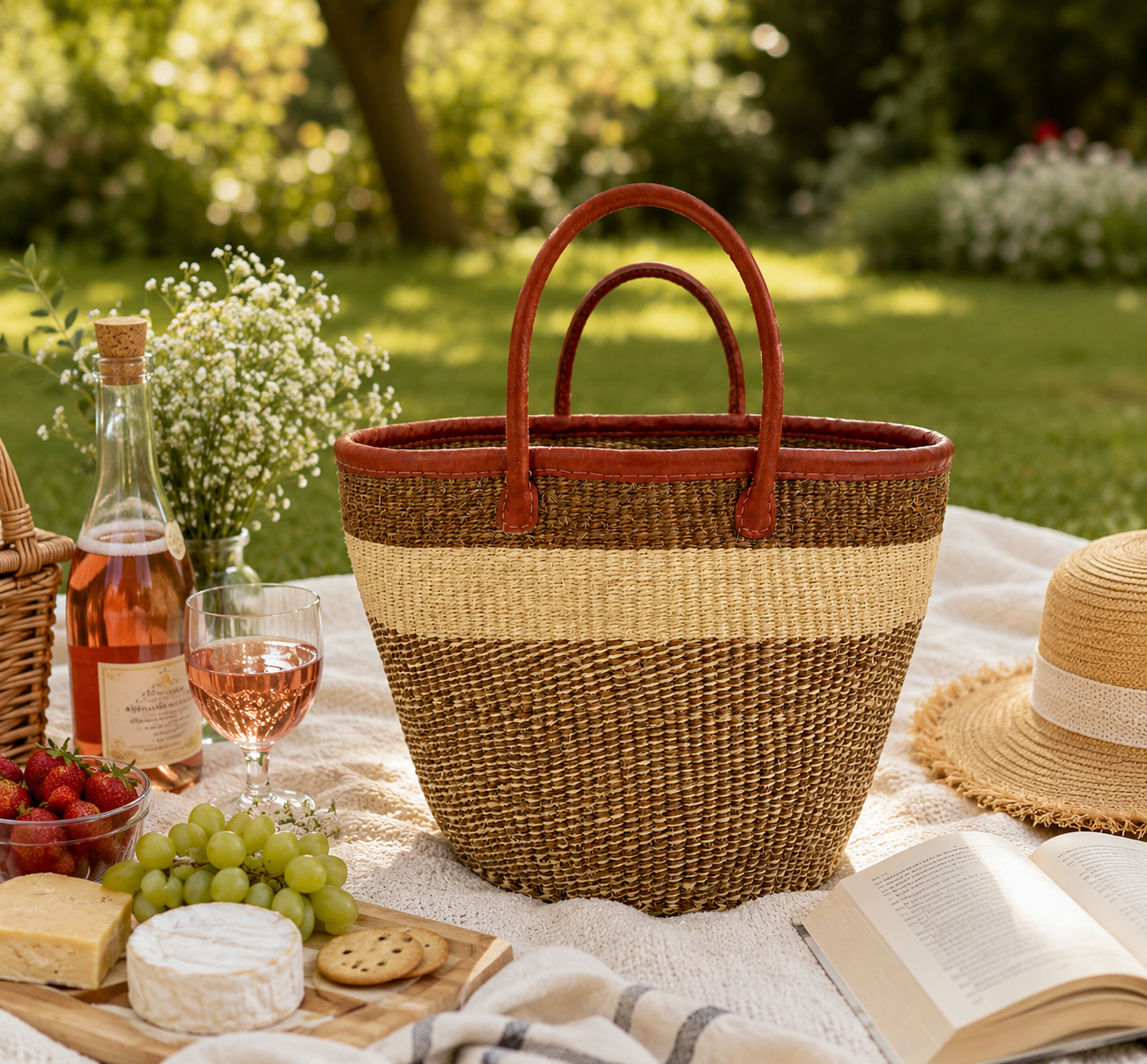 Kitui Basket - Large Open w/ Leather Trim & Handles (Ecru & Sienna Base Woven and Top Striped)
