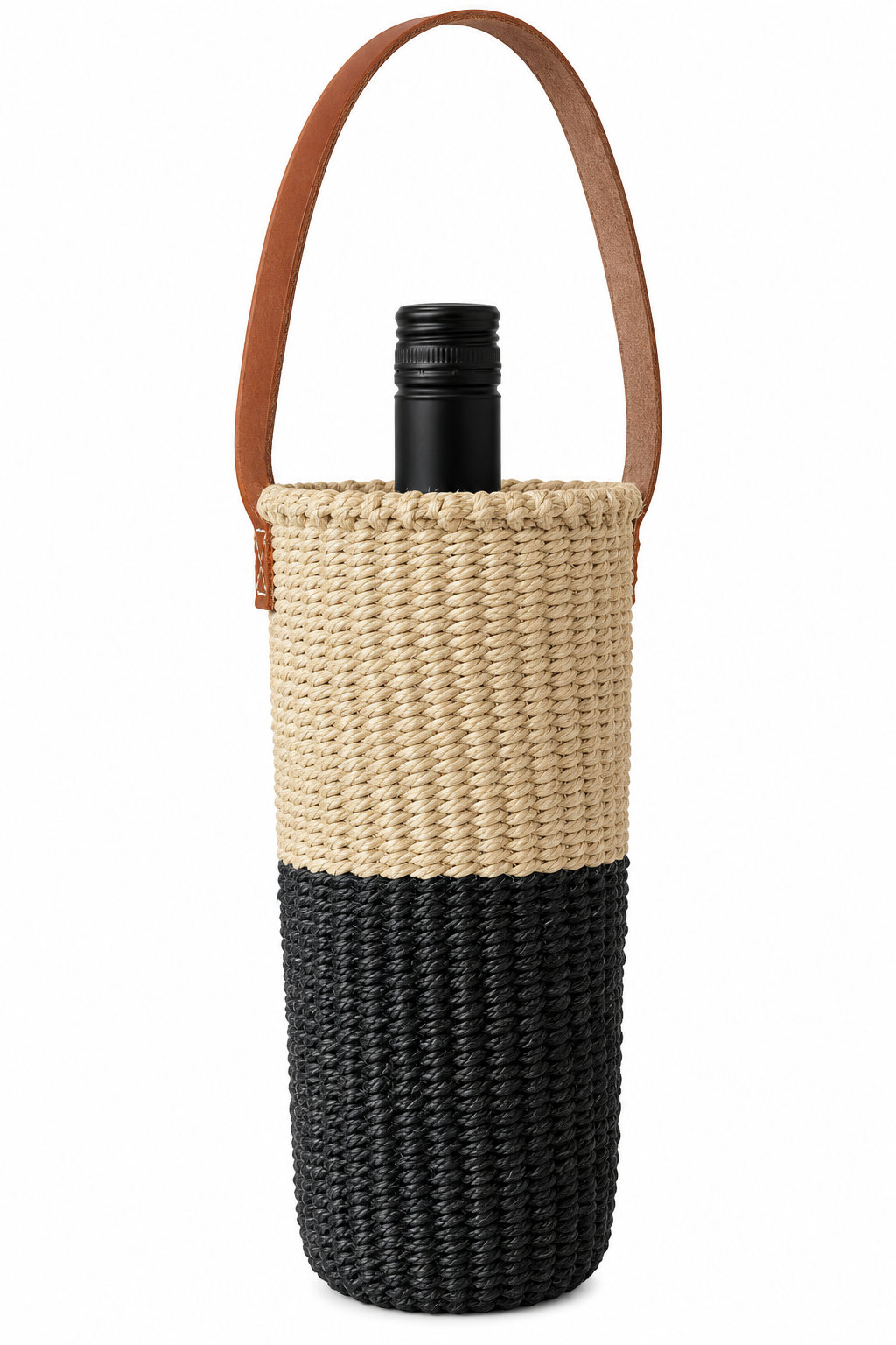 Handwoven Wine Tote w/ Leather Handle (Natural & Onyx Split)