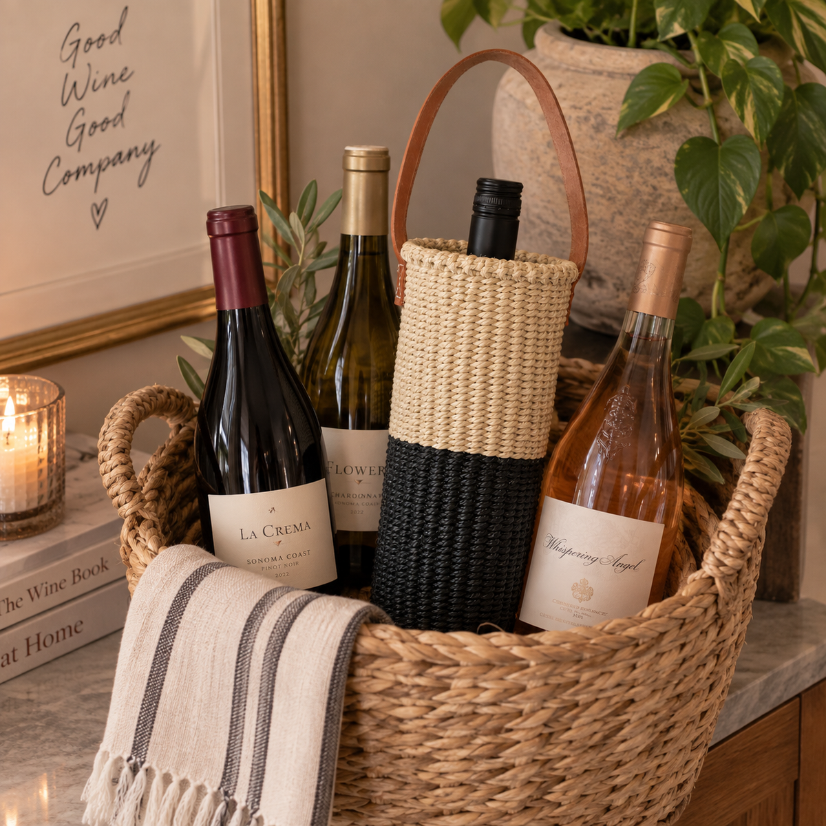Handwoven Wine Tote w/ Leather Handle (Natural & Onyx Split)