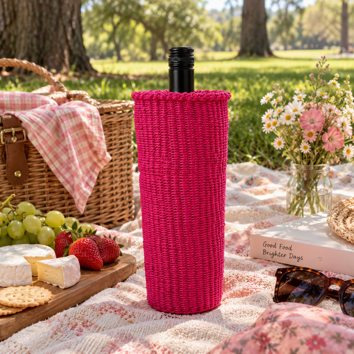 Handwoven Wine Tote (Neon Pink)