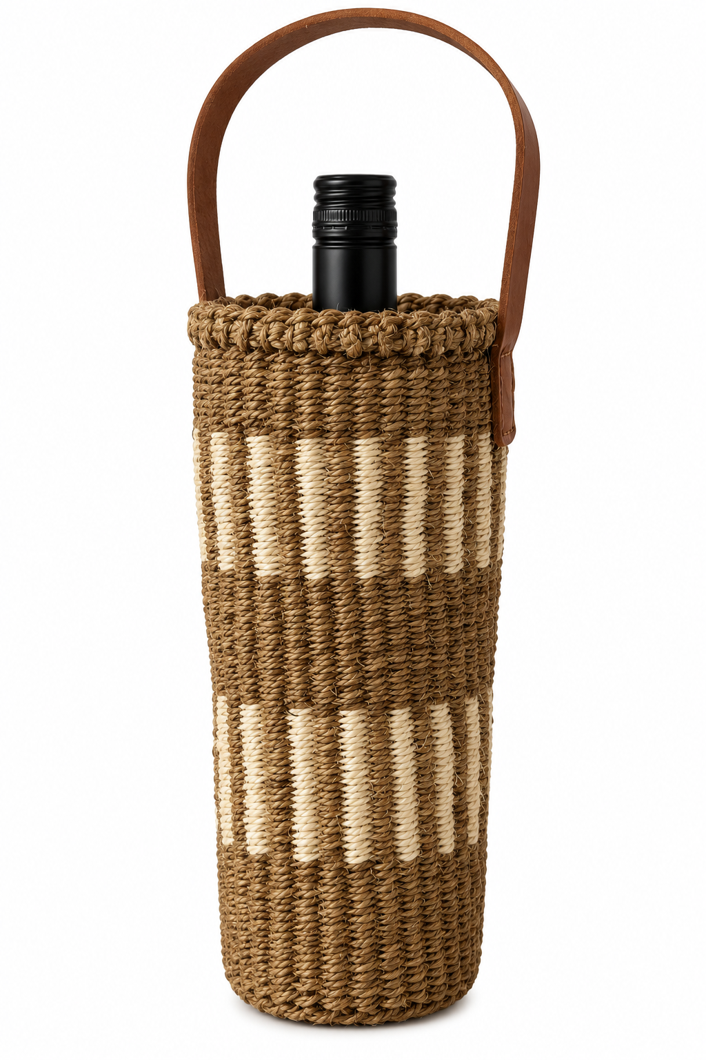 Handwoven Wine Tote w/ Leather Handle (Sand & Ecru Line Striped)
