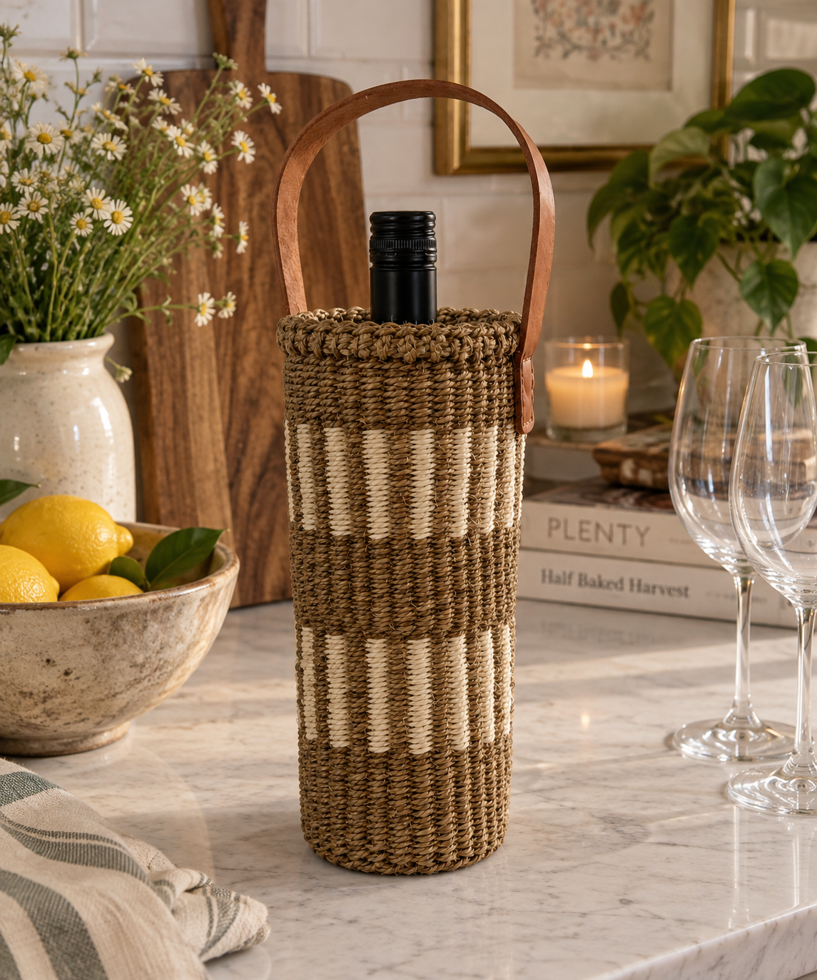Handwoven Wine Tote w/ Leather Handle (Sand & Ecru Line Striped)