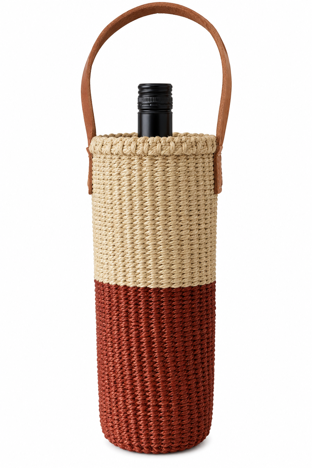 Handwoven Wine Tote w/ Leather Handle (Sienna & Ecru Split)
