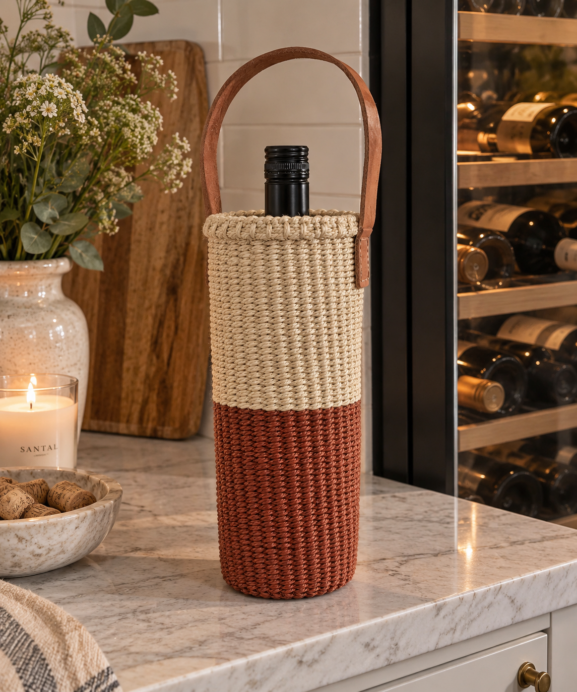 Handwoven Wine Tote w/ Leather Handle (Sienna & Ecru Split)