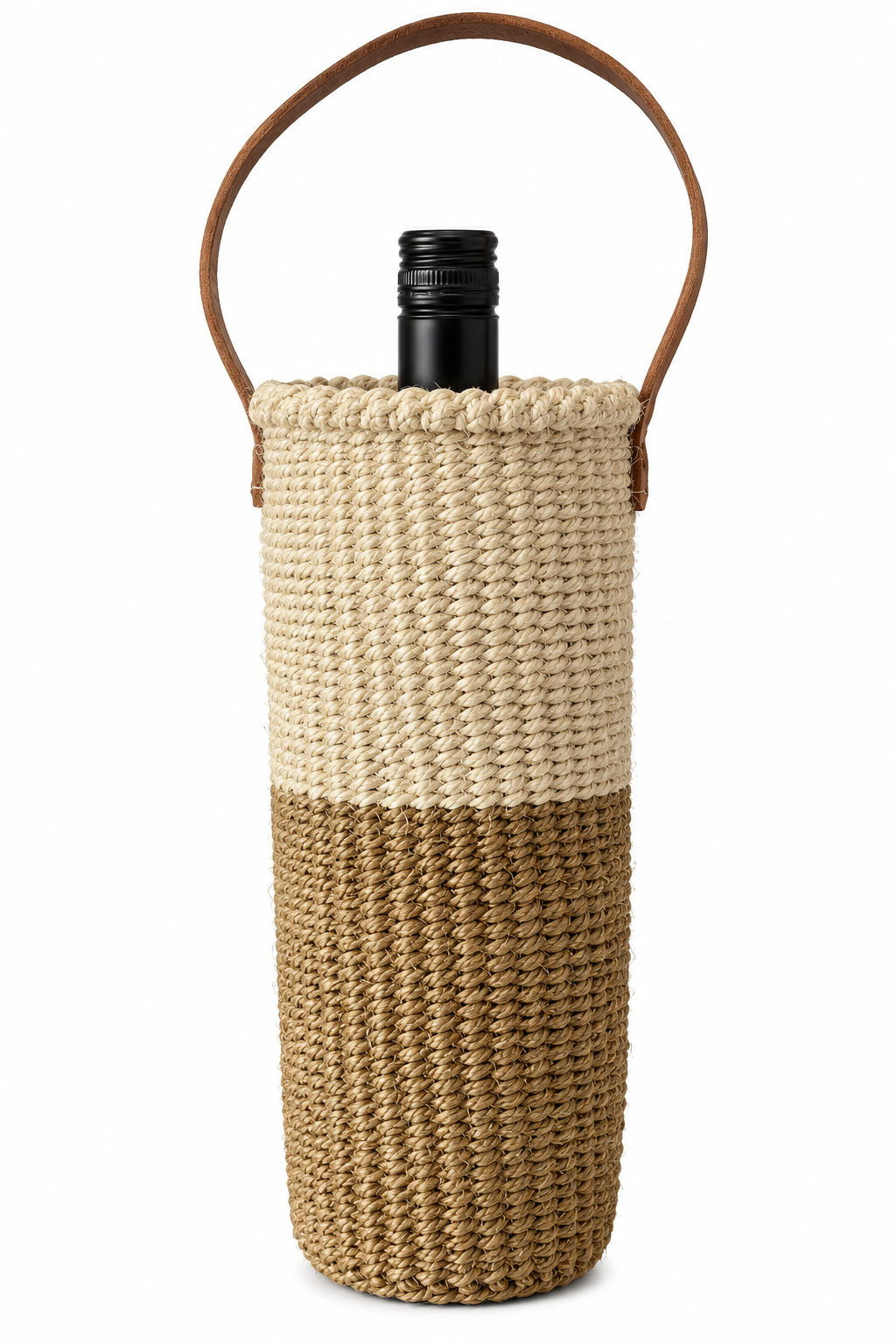 Handwoven Wine Tote w/ Leather Handle (Natural & Ecru Split)
