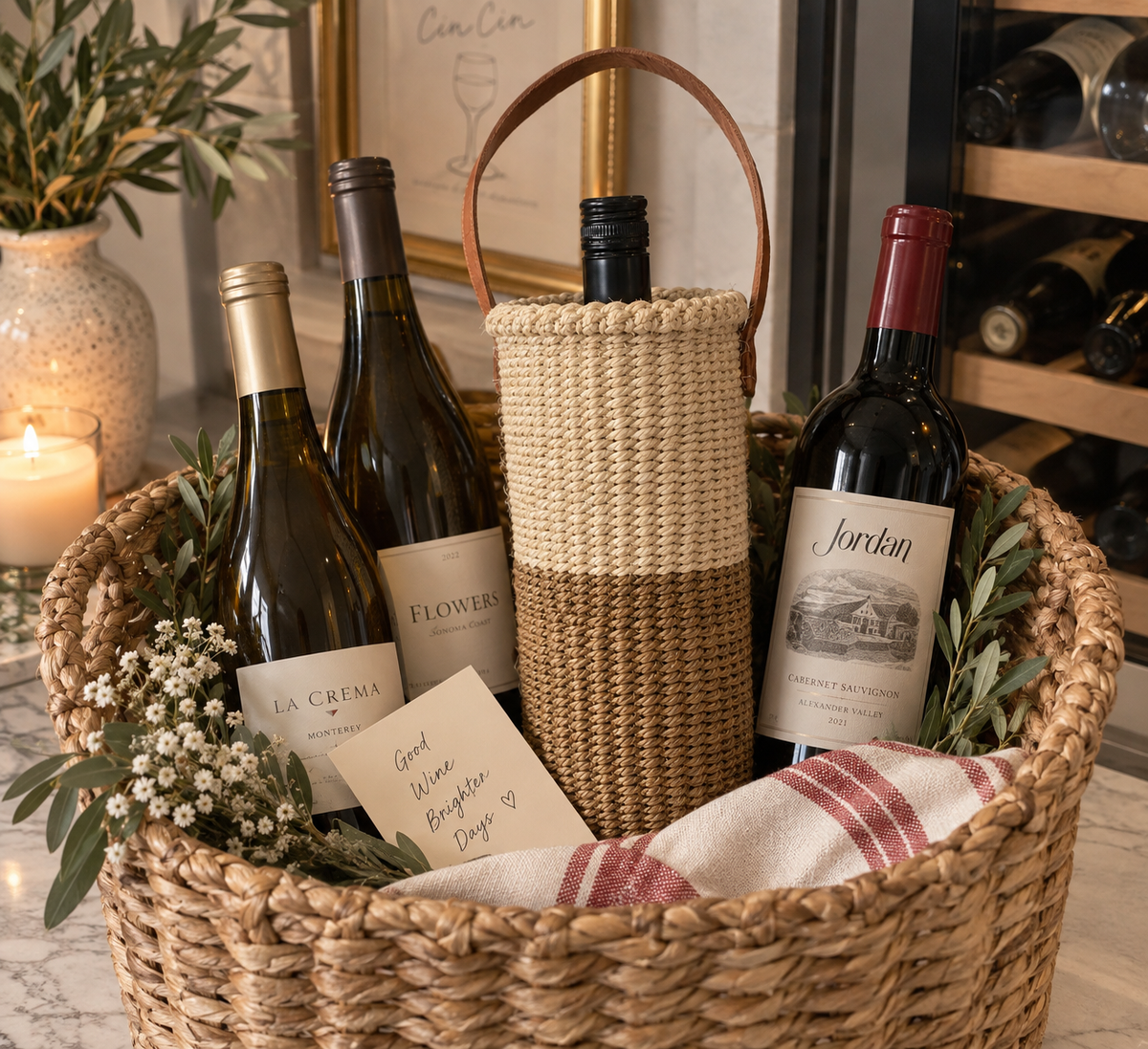 Handwoven Wine Tote w/ Leather Handle (Natural & Ecru Split)