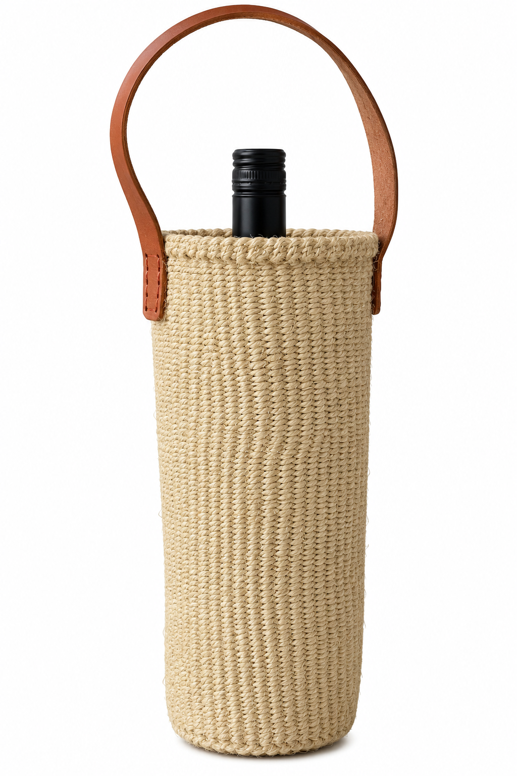 Handwoven Wine Tote w/ Leather Handle (Natural)