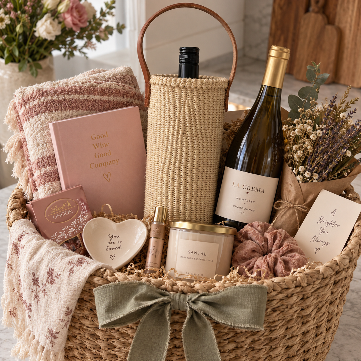 Handwoven Wine Tote w/ Leather Handle (Natural)