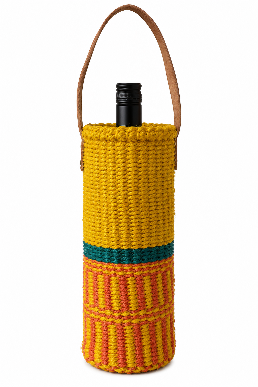 Handwoven Wine Tote w/ Leather Handle (Sunshine & Tangerine Woven w/ Jungle Stripe)