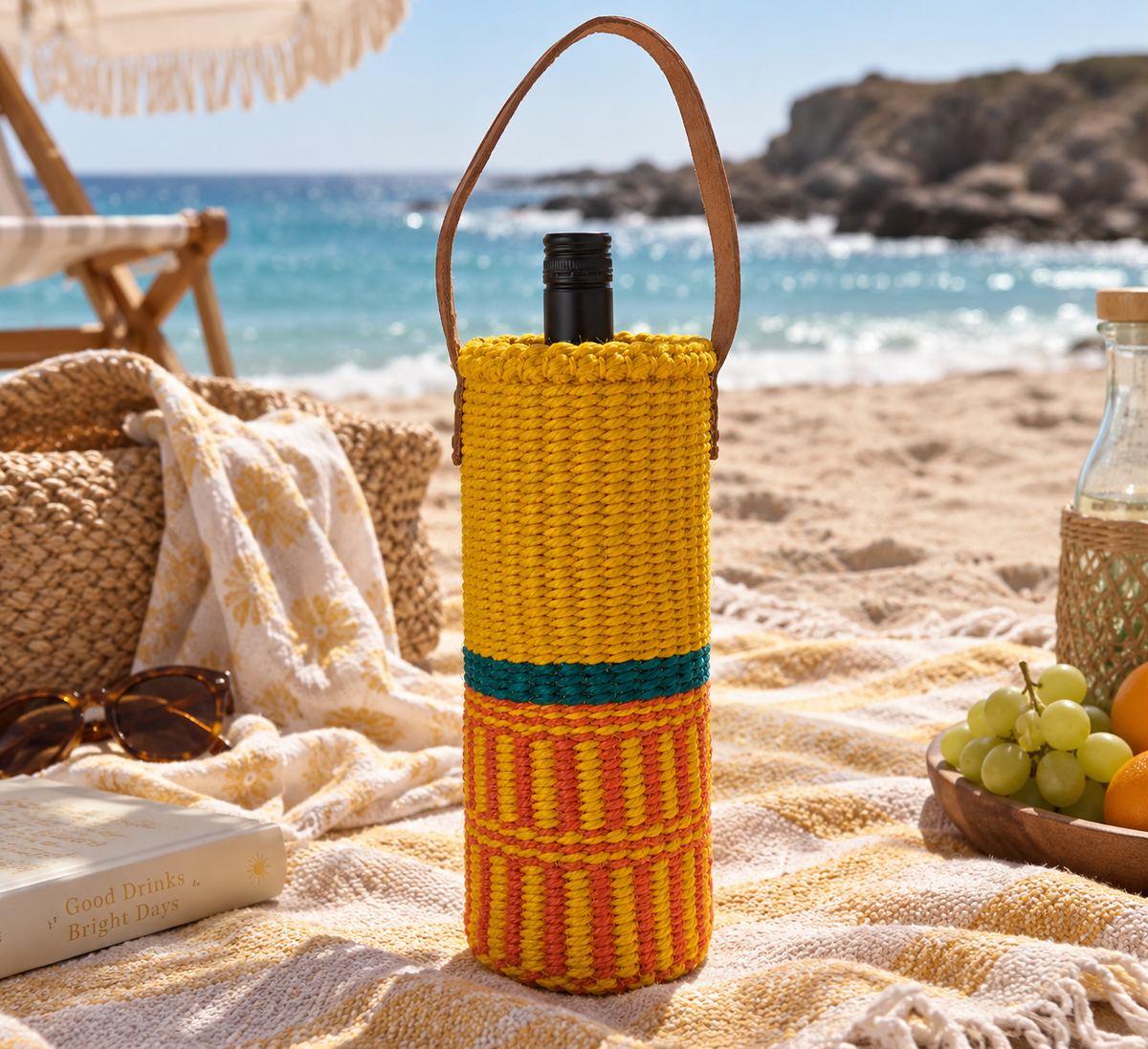 Handwoven Wine Tote w/ Leather Handle (Sunshine & Tangerine Woven w/ Jungle Stripe)