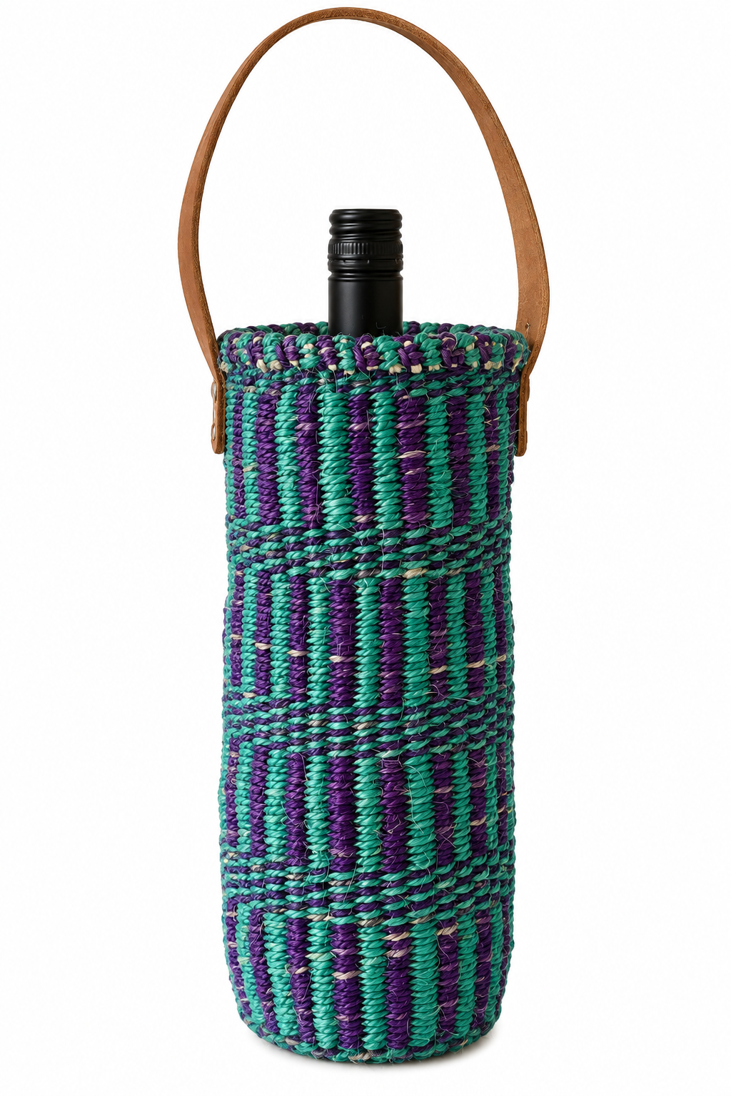 Handwoven Wine Tote w/ Leather Handle (Aquamarine & Violet Step Ladder Weave)