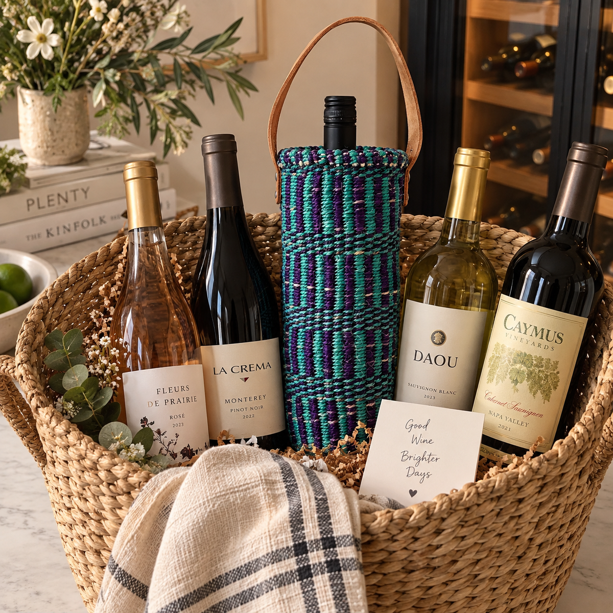 Handwoven Wine Tote w/ Leather Handle (Aquamarine & Violet Step Ladder Weave)