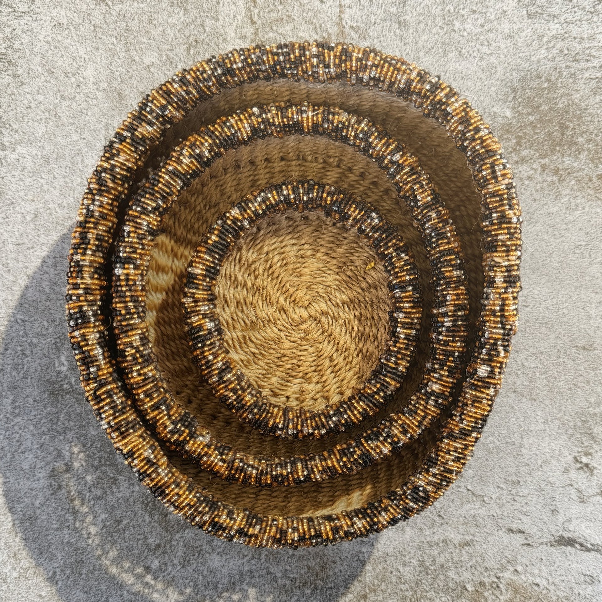 3-Piece Kitui Basket Set (Natural w/ Beaded Honeycomb Trim)