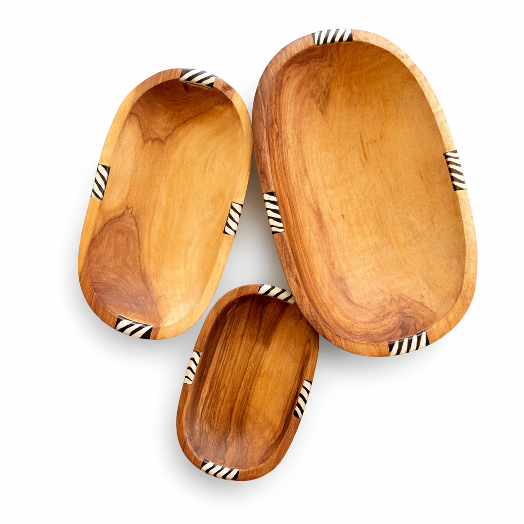 Kenyan Oval Nesting Wood Bowl Trio Set