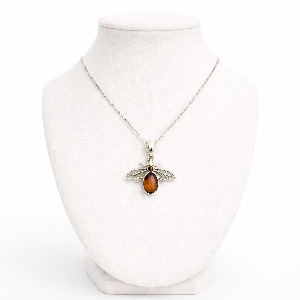 Radiant Amber Bee Pendant (Genuine Amber & Sterling Silver)