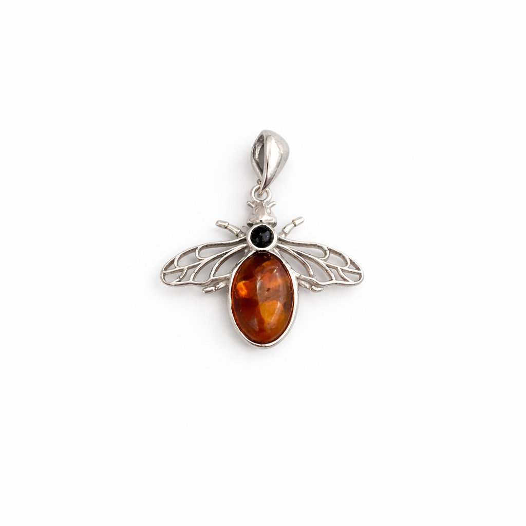 Radiant Amber Bee Pendant (Genuine Amber & Sterling Silver)