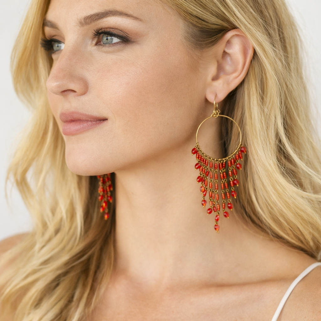 Crimson Cascade Fringe Hoops