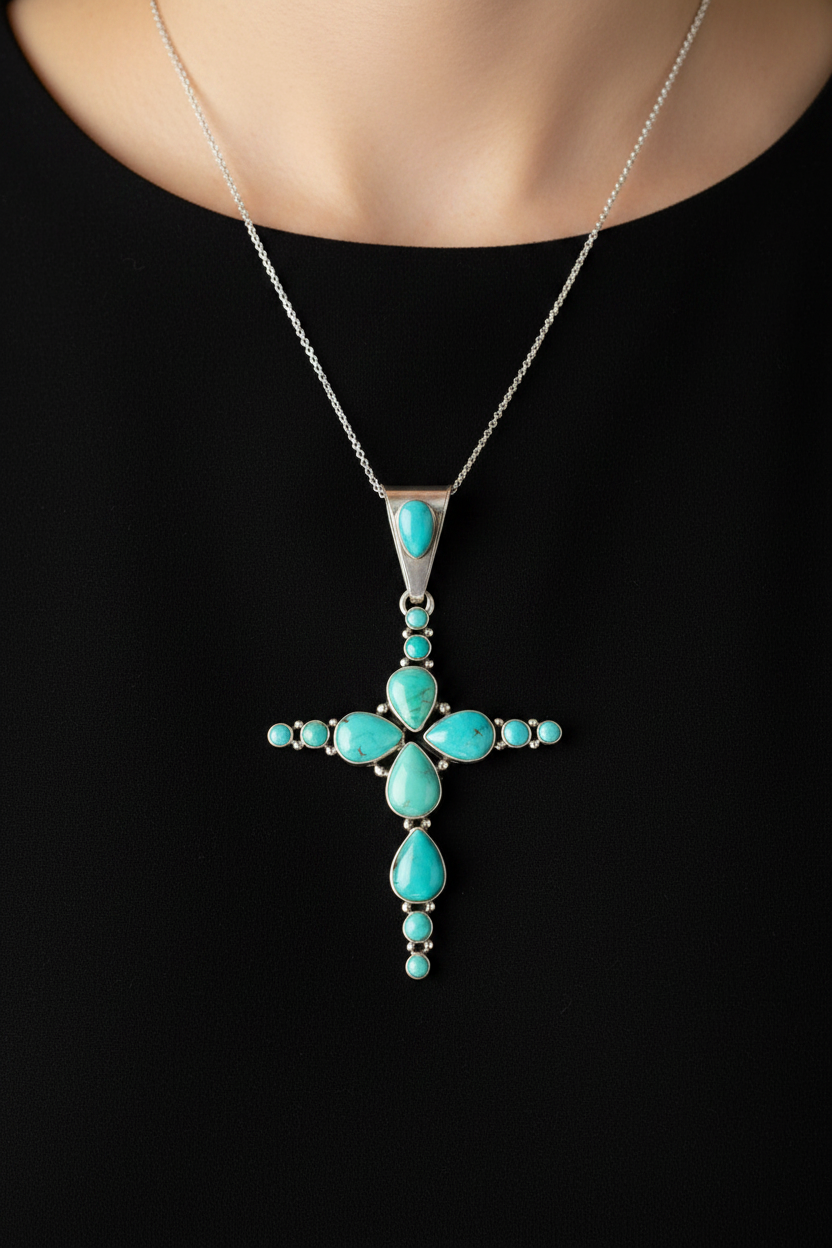 Turquoise Blossom Cross Pendant