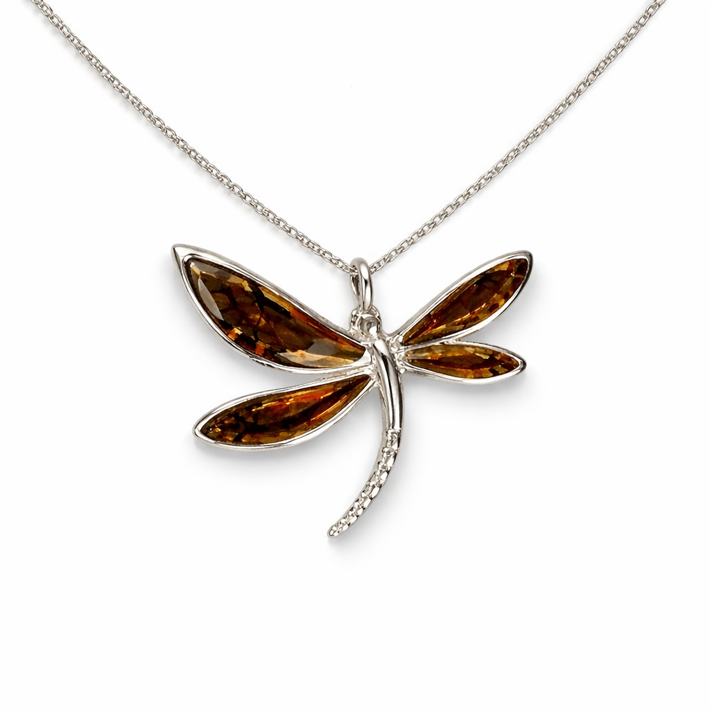Amber Curved Dragonfly Pendant
