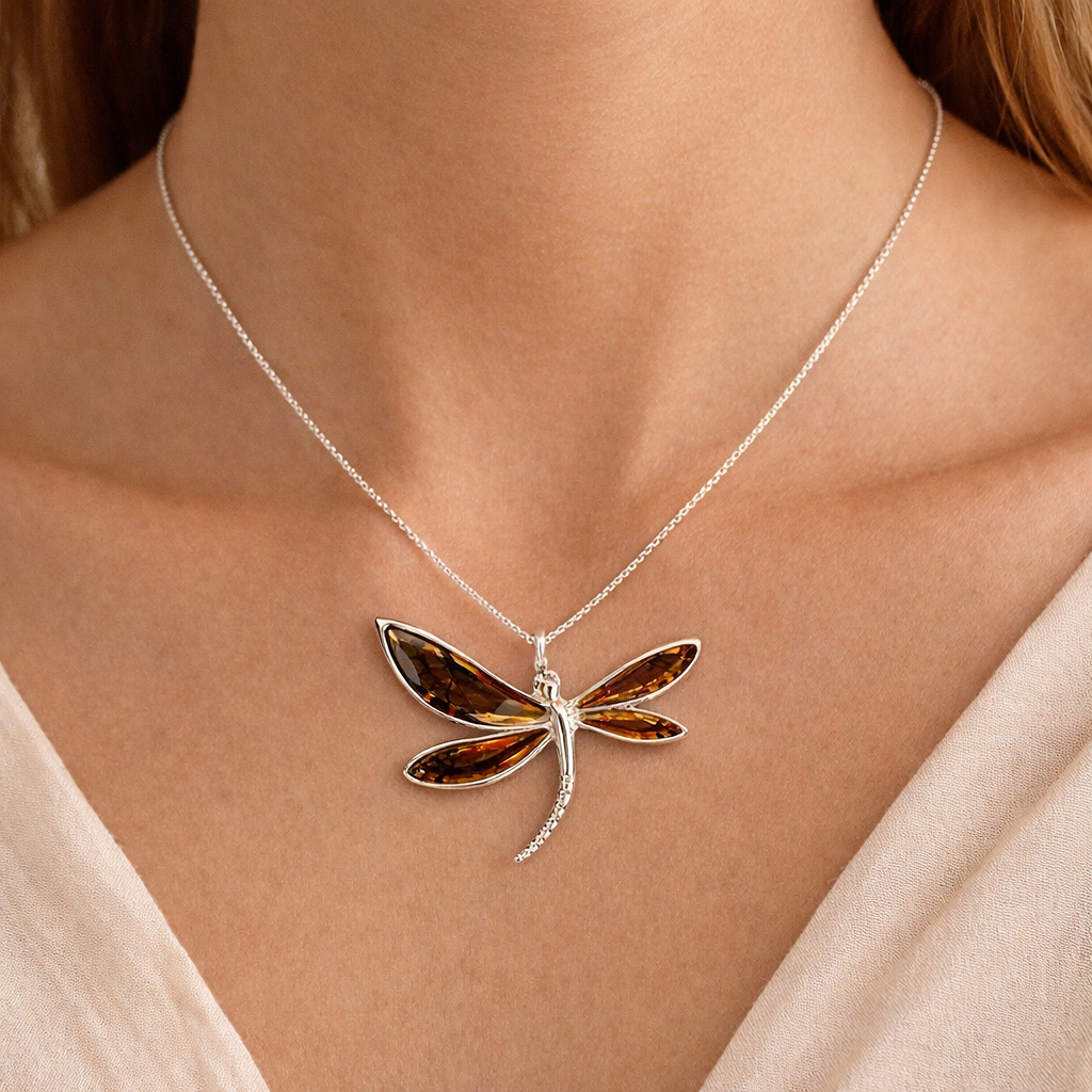 Amber Curved Dragonfly Pendant