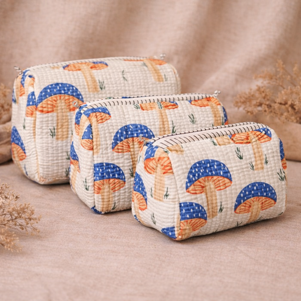 Wild Mushroom Quilted Travel Pouch Set