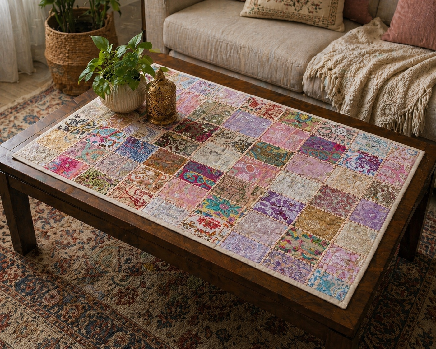 Blush Garden Aari Embroidered Patchwork Textile