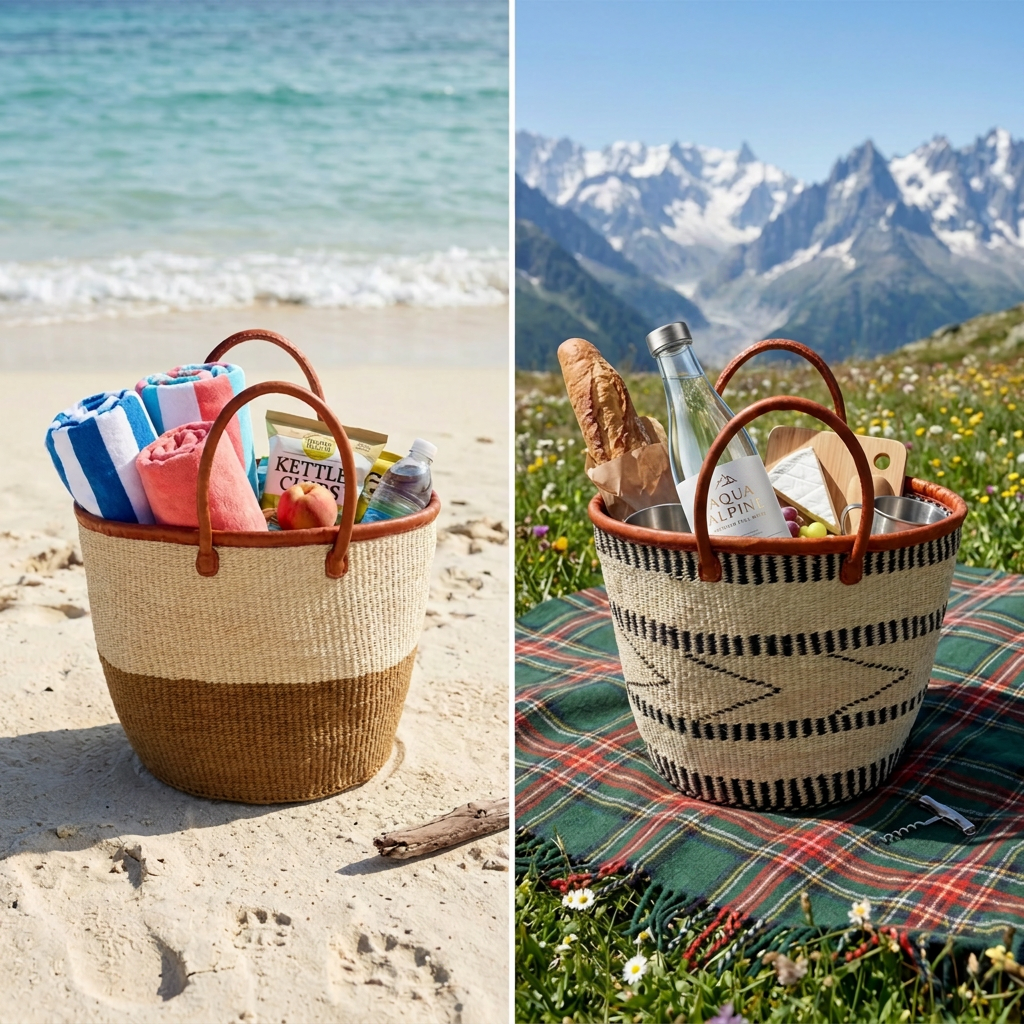 Kitui Basket - Large Open w/ Leather Trim & Handles (Ecru Onyx Arrow Striped)