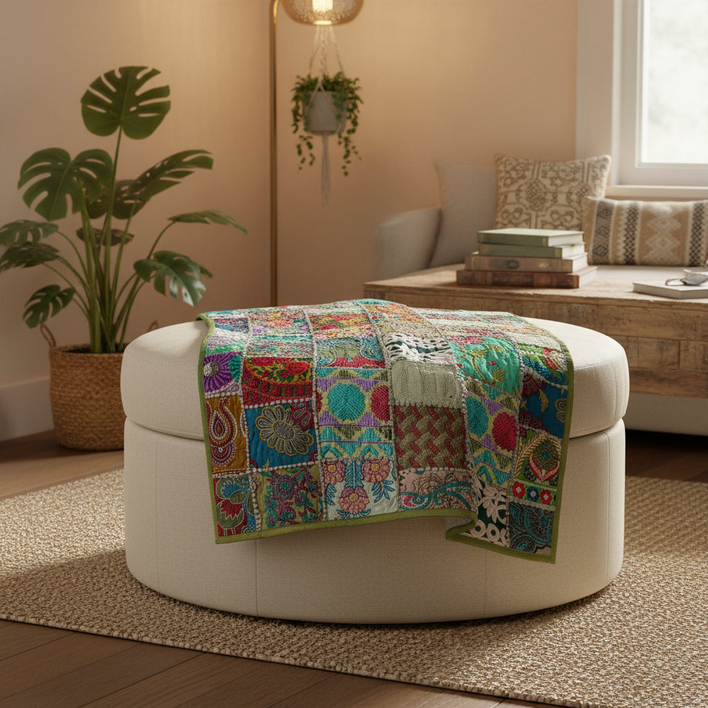 Sage Garden Aari Embroidered Patchwork Textile