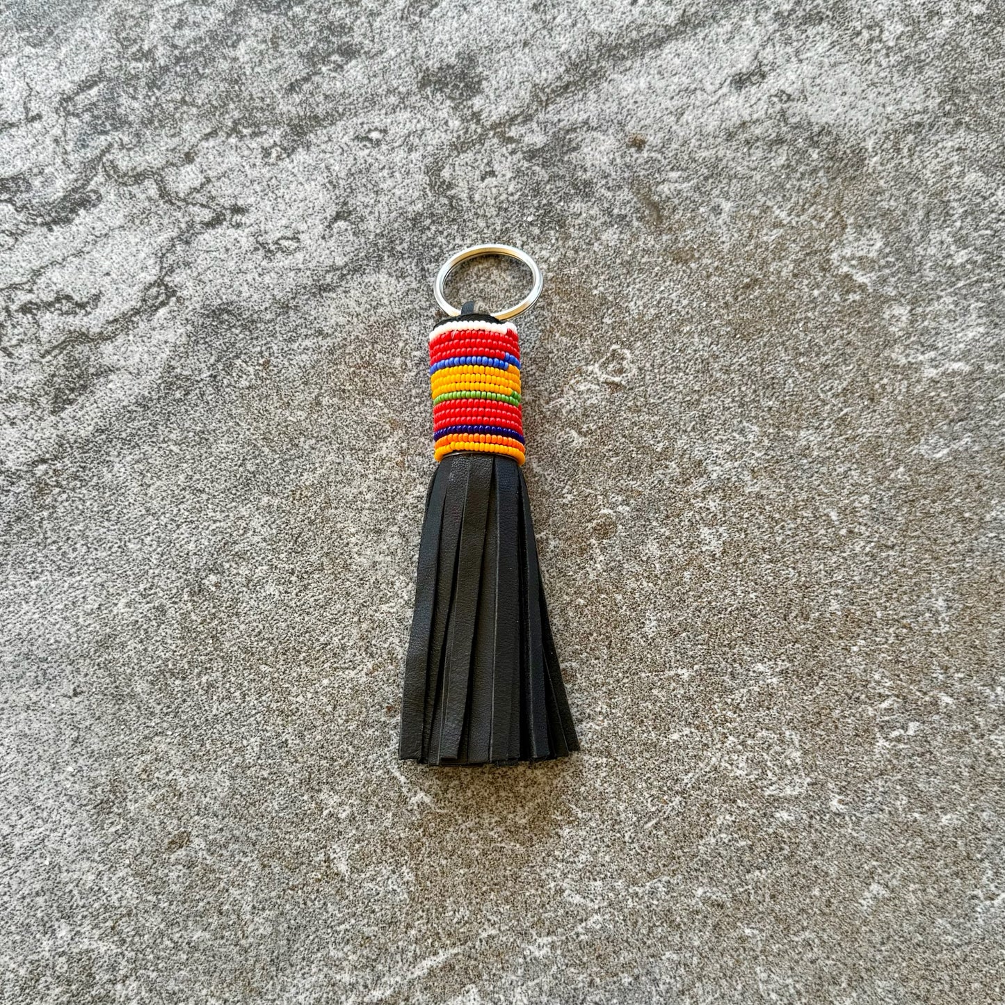 Handcrafted Maasai Beaded Leather Keychain (Red Sunrise w/ Silver Ring)