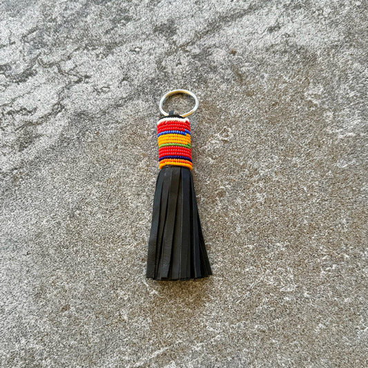 Handcrafted Maasai Beaded Leather Keychain (Red Sunrise w/ Silver Ring)