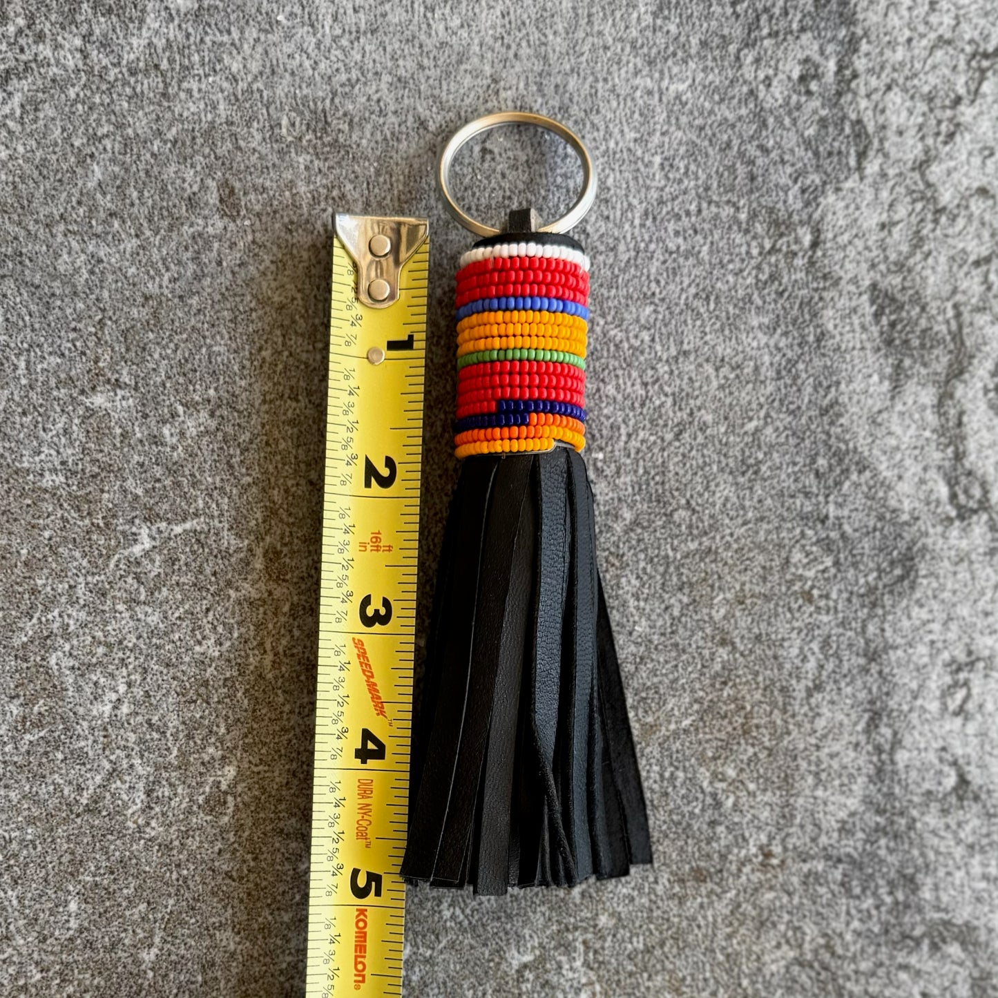 Handcrafted Maasai Beaded Leather Keychain (B&W Gold Striped w/ Silver Ring)