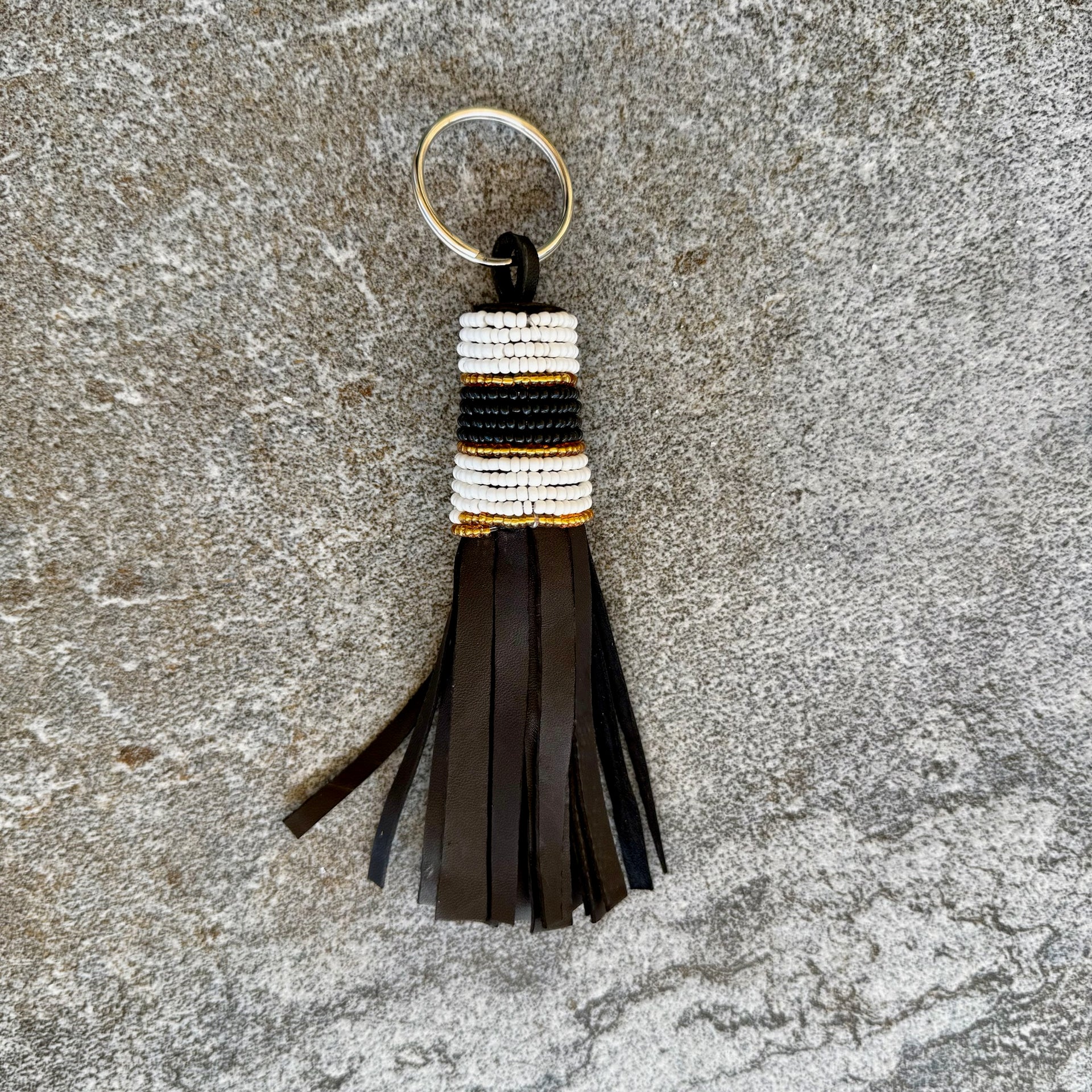 Handcrafted Maasai Beaded Leather Keychain (B&W Gold Striped w/ Silver Ring)