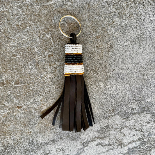 Handcrafted Maasai Beaded Leather Keychain (B&W Gold Striped w/ Silver Ring)