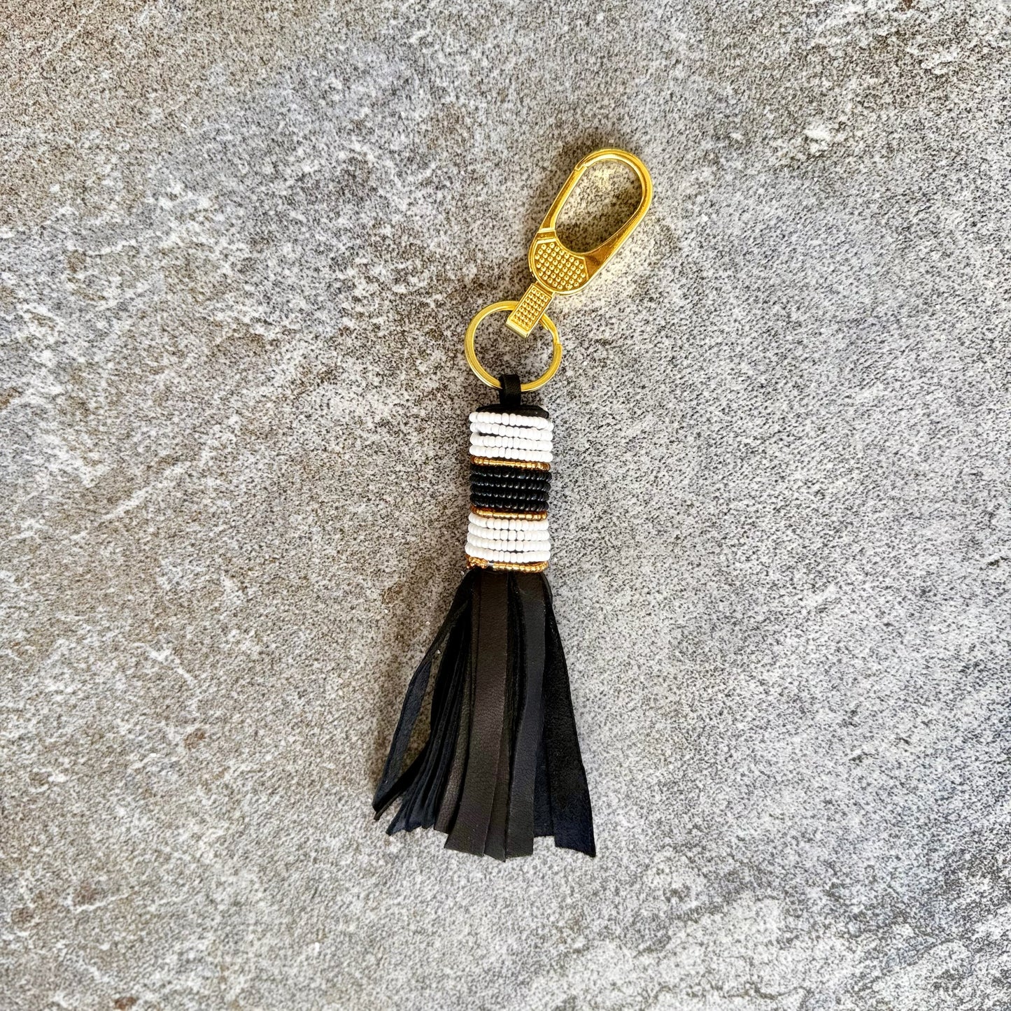 Handcrafted Maasai Beaded Leather Keychain (B&W Gold Striped w/ Gold Ring & Hook)