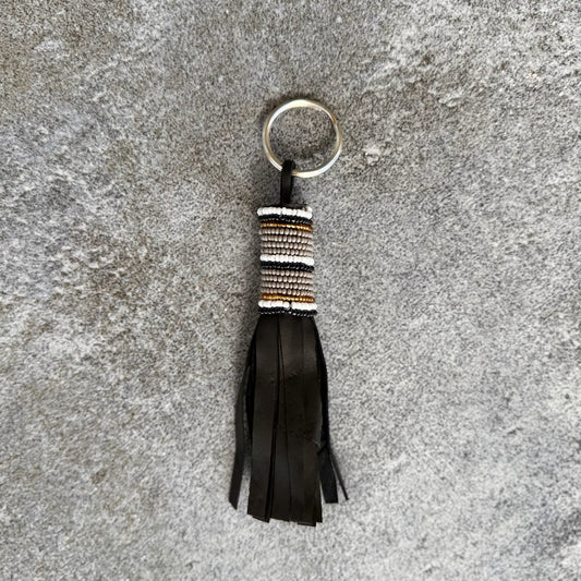 Handcrafted Maasai Beaded Leather Keychain (Grey Striped w/ Silver Hook)