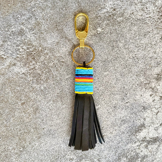 Handcrafted Maasai Beaded Leather Keychain (Aquamarine w/ Gold Ring & Hook)