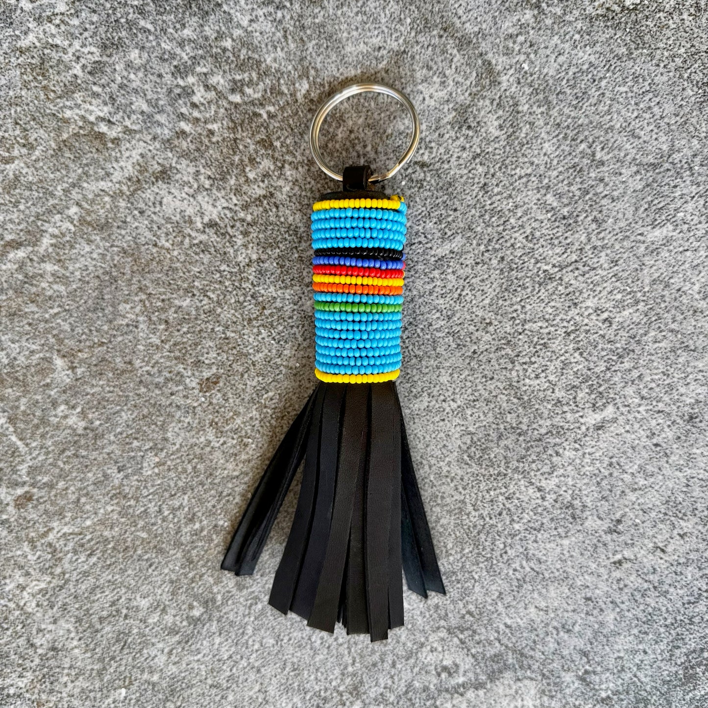 Handcrafted Maasai Beaded Leather Keychain (Aquamarine Horizon w/ Silver Ring)