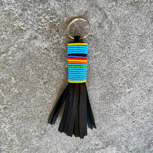 Handcrafted Maasai Beaded Leather Keychain (Aquamarine Horizon w/ Silver Ring)