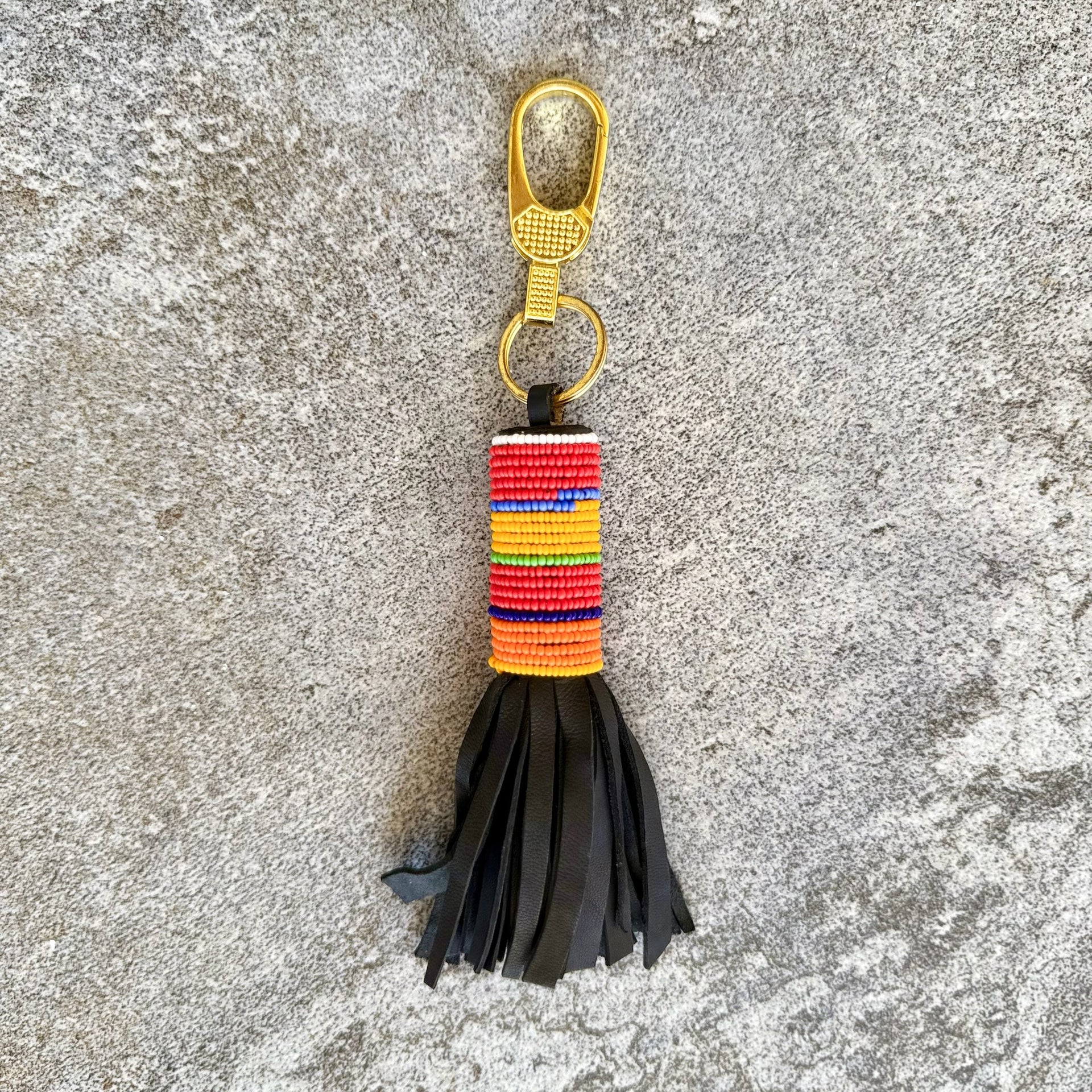 Handcrafted Maasai Beaded Leather Keychain (Red Sunrise w/ Gold Ring & Clip)