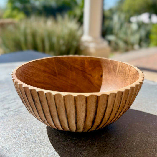Thai Hand-Carved Mango Wood Ribbed Bowl