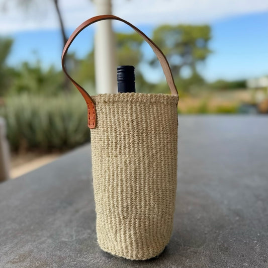 Handwoven Wine Tote w/ Leather Handle (Natural)