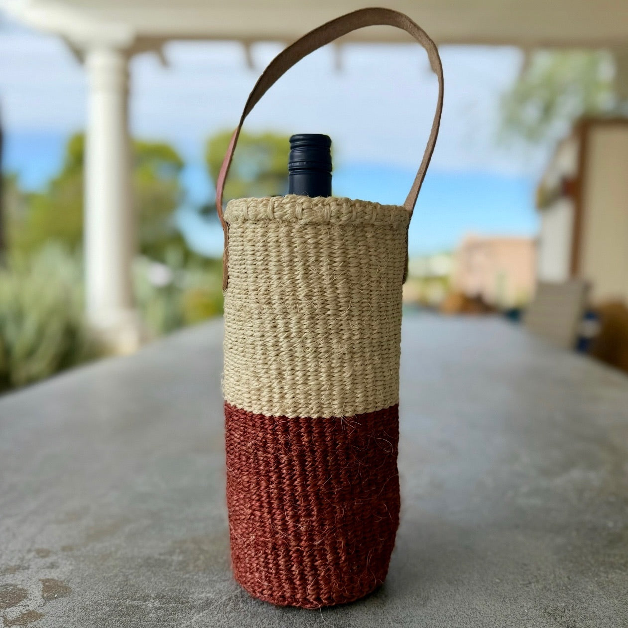 Handwoven Wine Tote w/ Leather Handle (Sienna & Ecru Split)