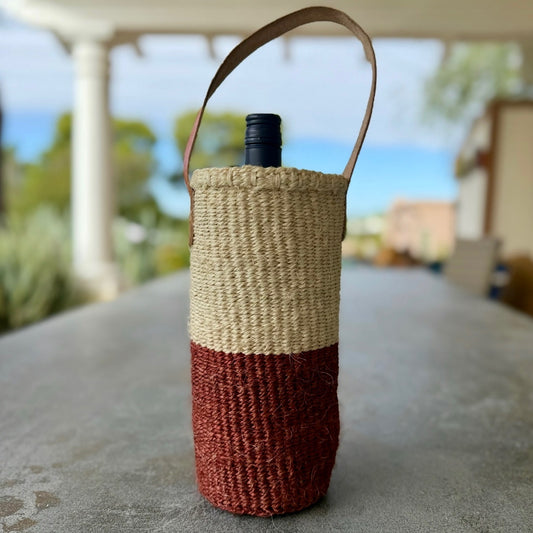 Handwoven Wine Tote w/ Leather Handle (Sienna & Ecru Split)