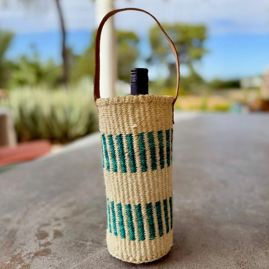 Handwoven Wine Tote w/ Leather Handle