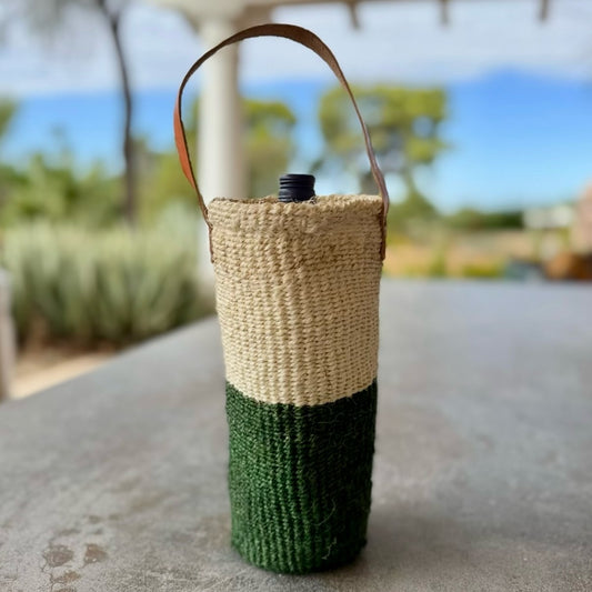 Handwoven Wine Tote w/ Leather Handle