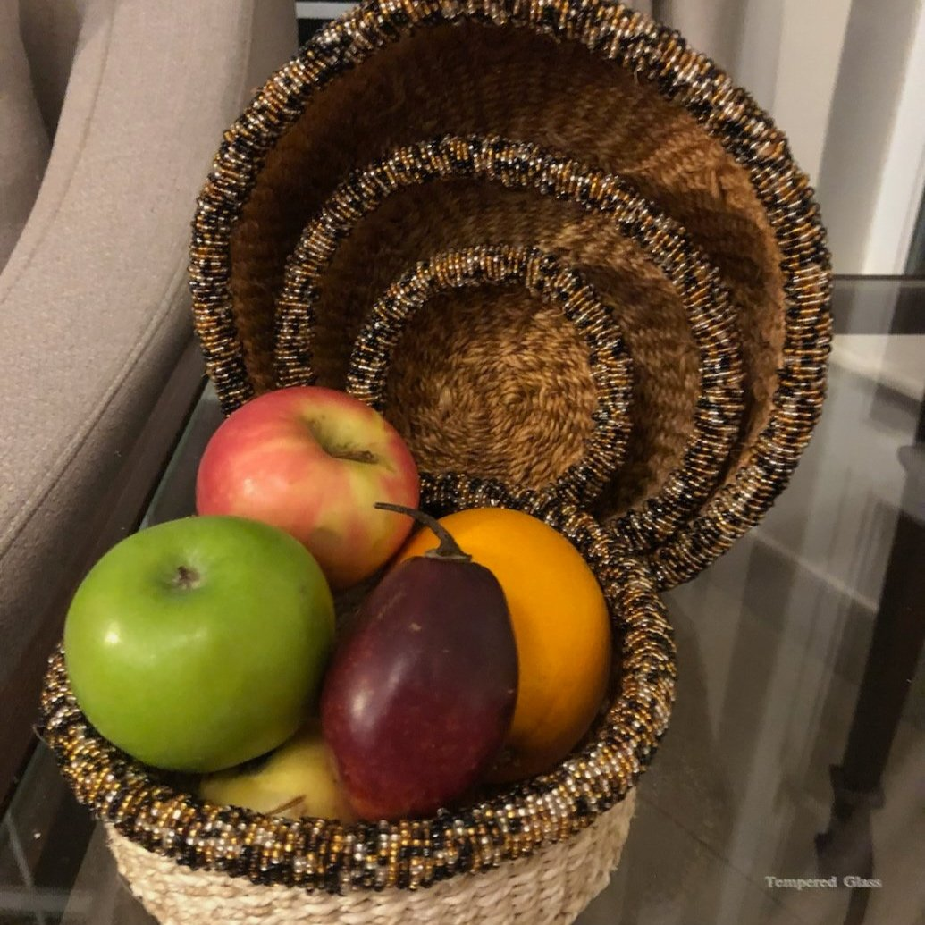 3-Piece Kitui Basket Set (Tangerine w/ Beaded Multicolored Trim) - World Love Global