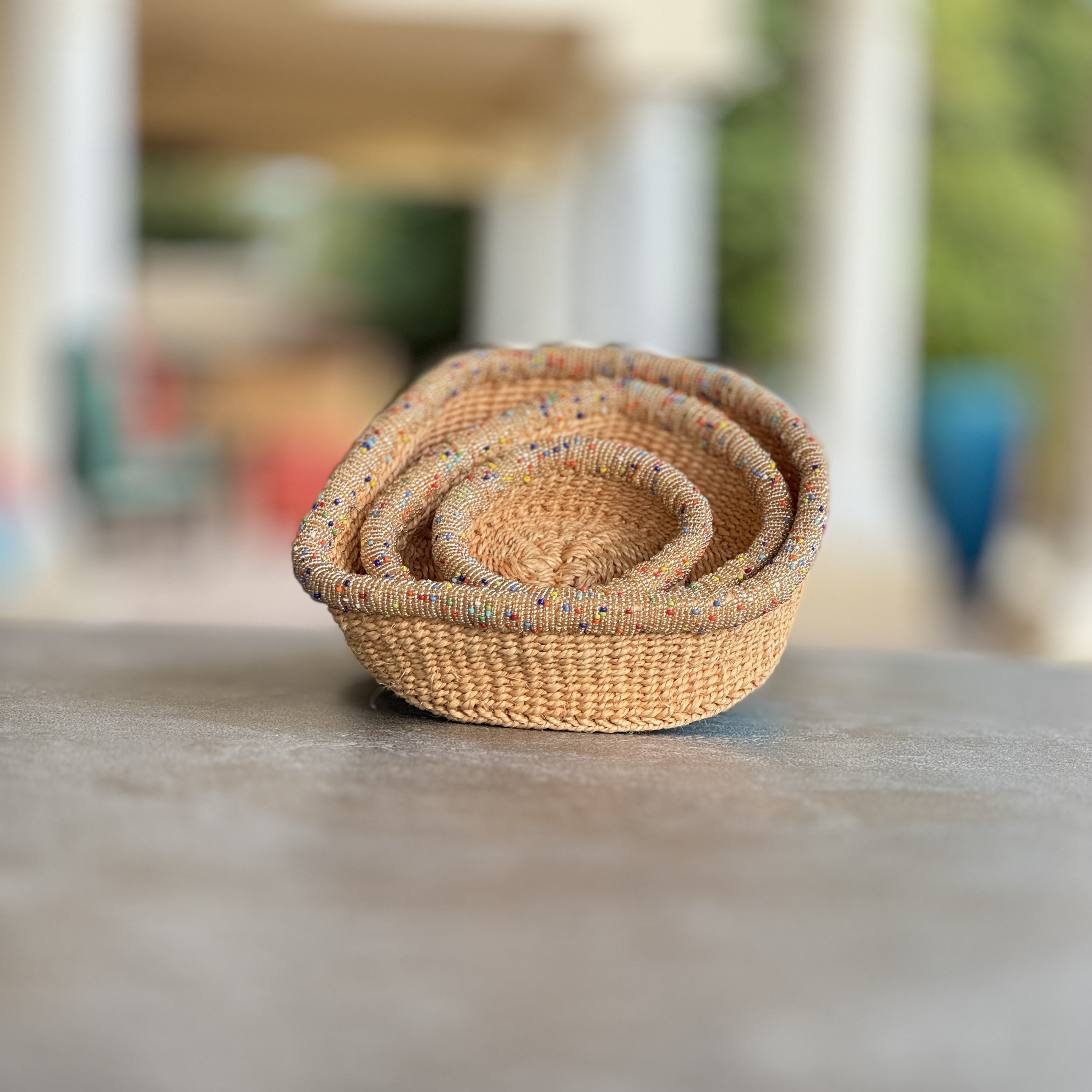 3-Piece Kitui Basket Set (Ecru w/ Natural Beaded Multicolored Trim) - World Love Global