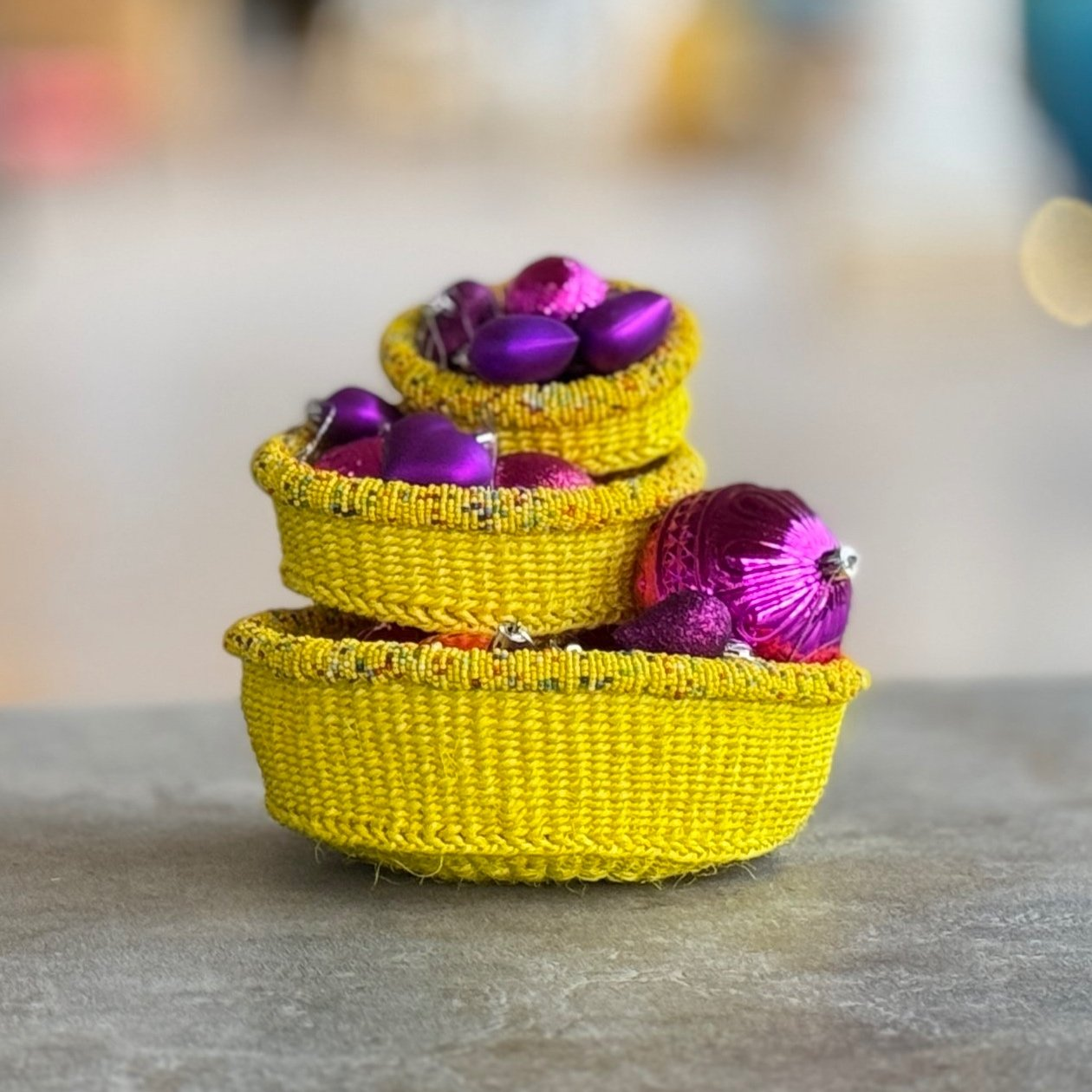 3-Piece Kitui Basket Set (Sunshine Yellow w/ Beaded Multicolored Trim) - World Love Global