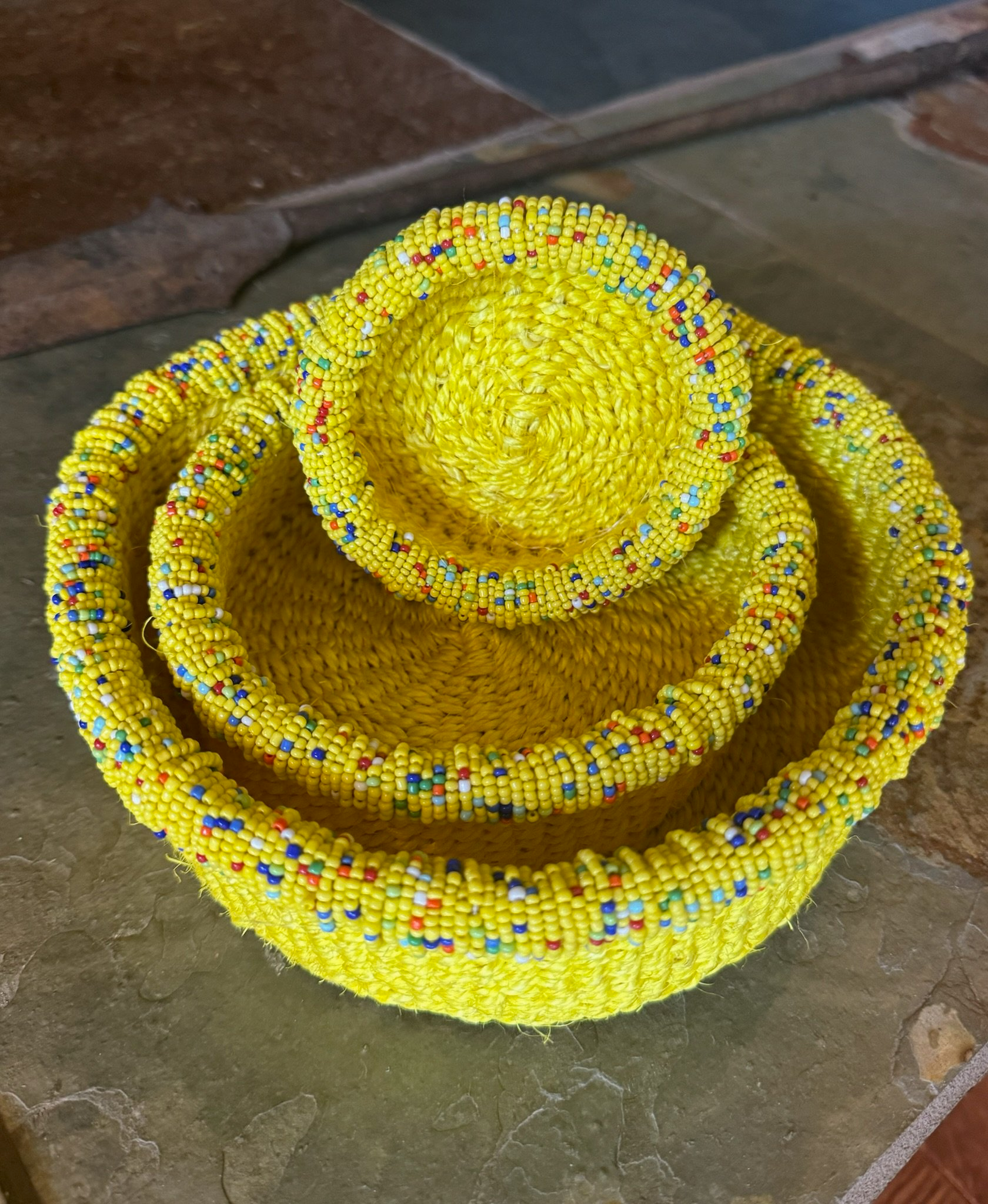 3-Piece Kitui Basket Set (Sunshine Yellow w/ Beaded Multicolored Trim) - World Love Global
